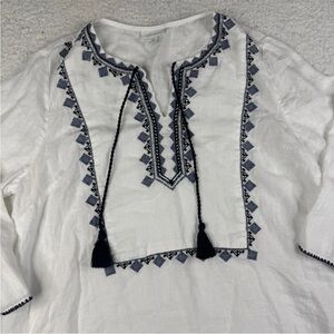 J Jill Tunic Blouse Women Large Petite White Linen Blend Embroidered Boho V Neck